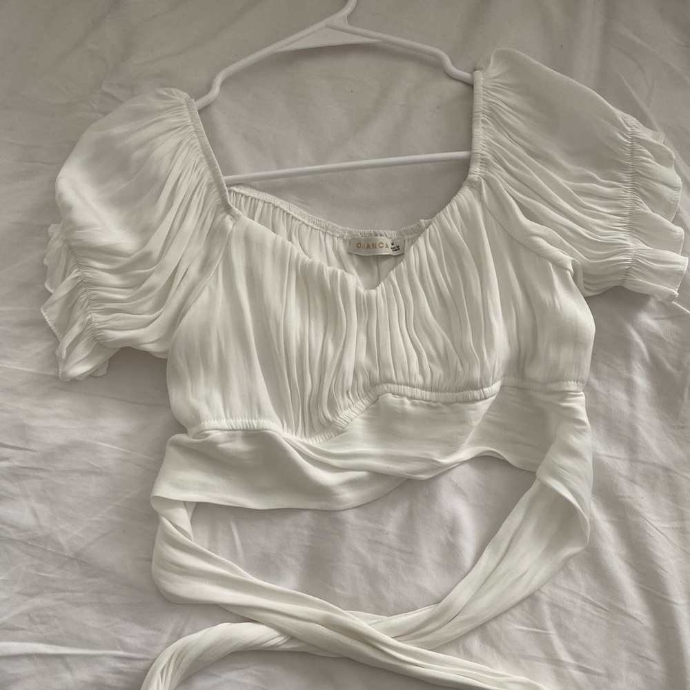 White Off The Shoulder Crop Top With Wrap Tie